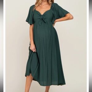 Hunter Green Front Tie Ruffle Sleeve Maternity Midi Dress